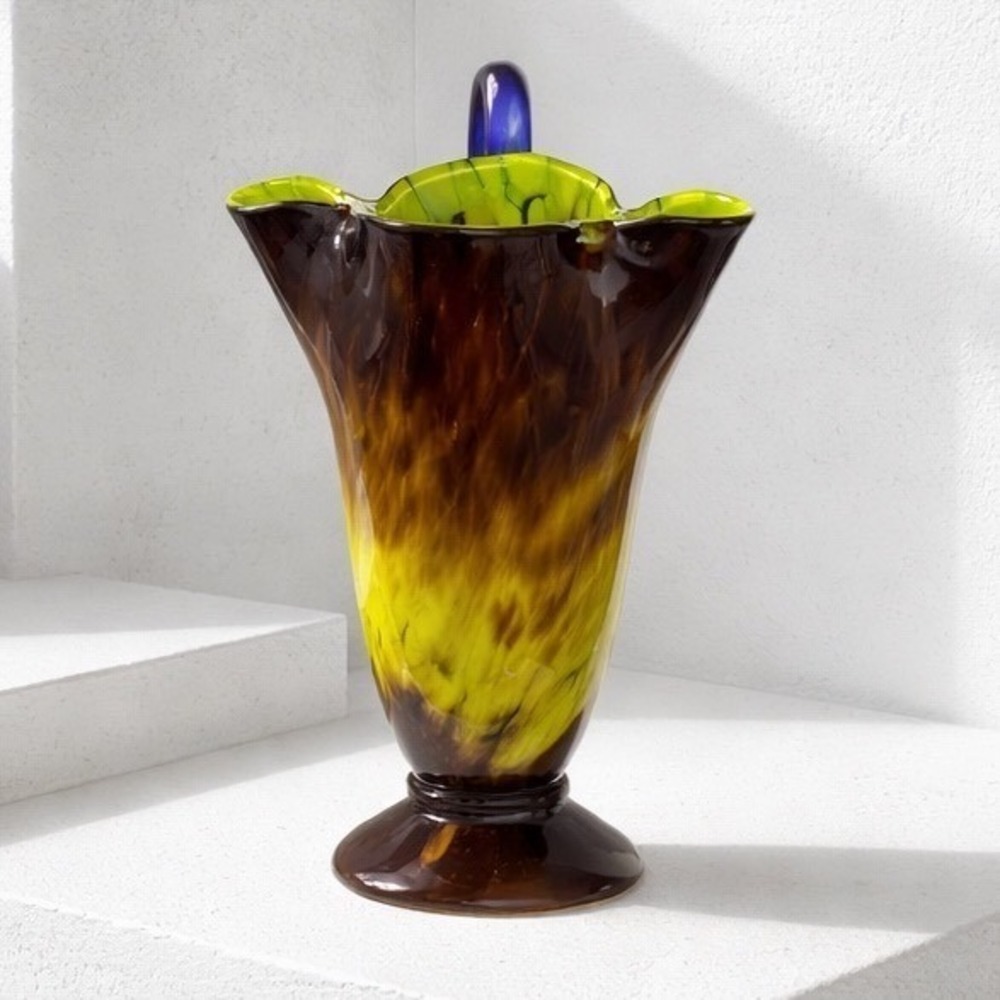 VTG Czech Hand Blown Glass Pitcher/ Vase Spatter Cobalt Blue Handle Decorative